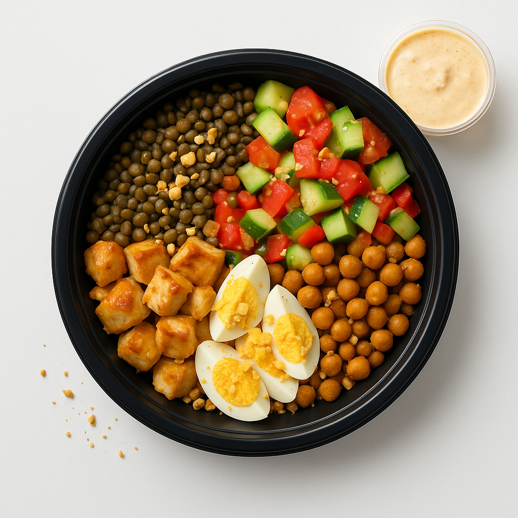 Bowl Poulet satay light, œufs & pois chiches croustillants