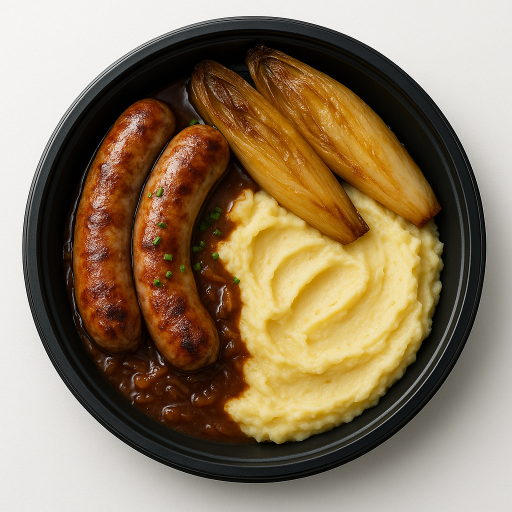 Saucisse de campagne, sauce liégeoise, purée & chicons braisés