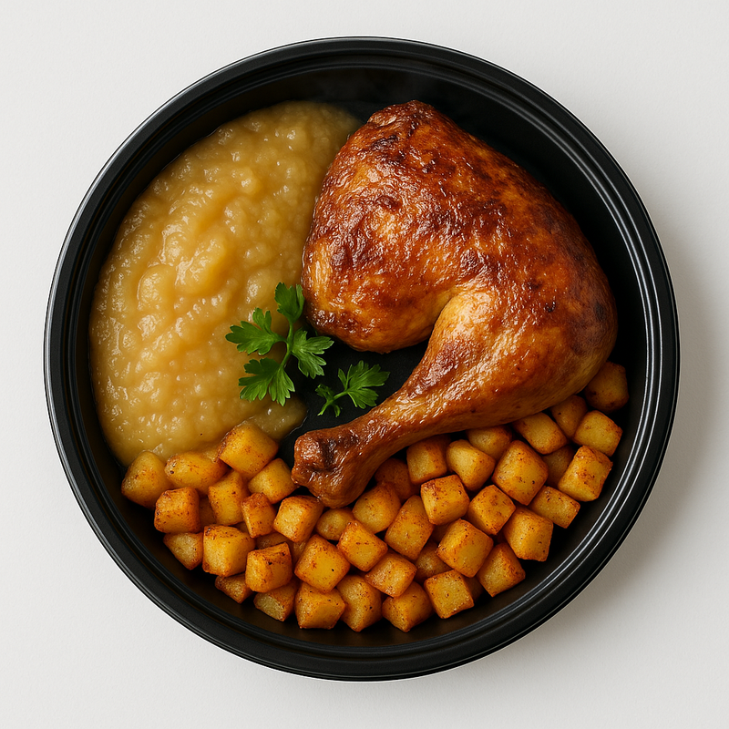 Poulet du marché, compotes de pomme et pomme de terre BIO rissolées au paprika