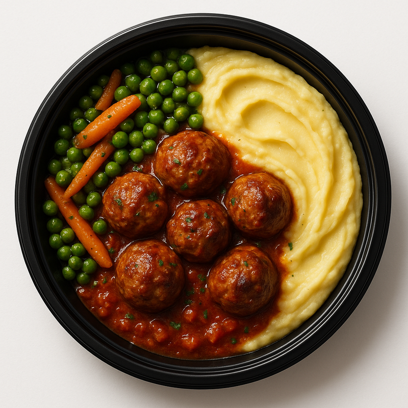 Boulettes sauce tomate, purée, petits pois &amp; carottes rôties