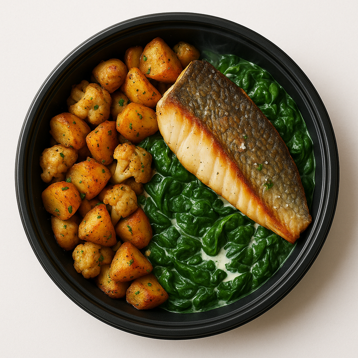 Pêche de la semaine, pommes de terre et chou-fleur rôti &amp; épinards à la crème