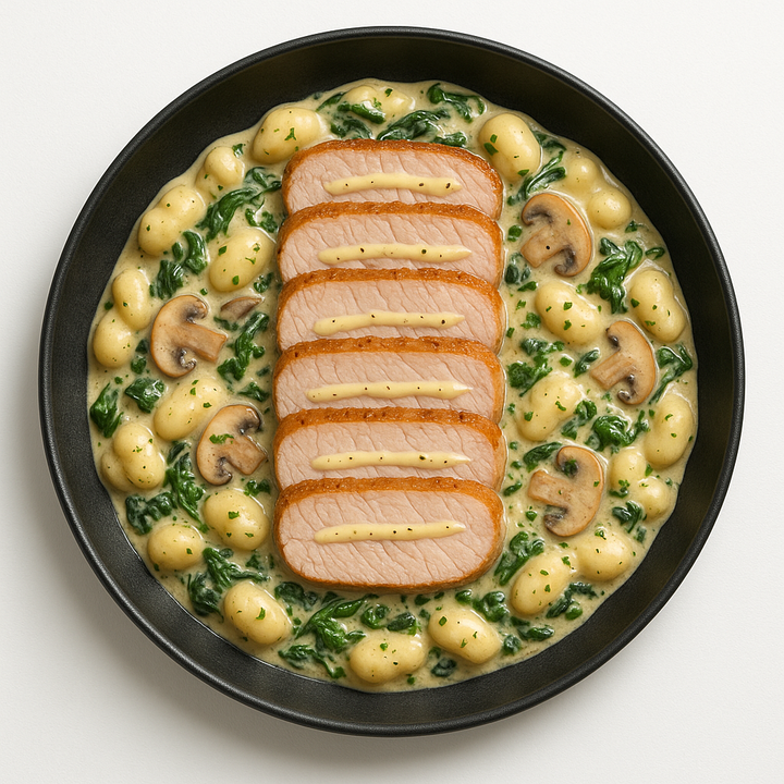 Gnocchi Fit — filet de porc, épinards &amp; champignons (sauce crème moutarde)