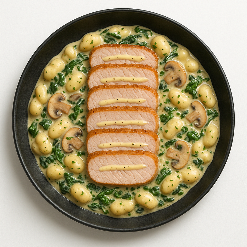 Gnocchi Fit — filet de porc, épinards &amp; champignons (sauce crème moutarde)