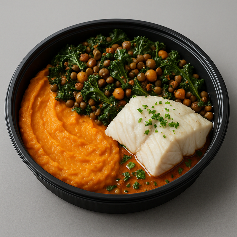 Poisson blanc vapeur — purée de patate douce & kale, lentilles/pois chiches