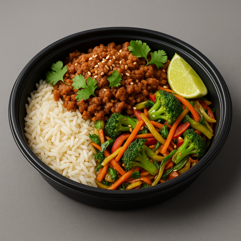 Haché vegan sauté à la citronnelle, riz basmati & wok de légumes