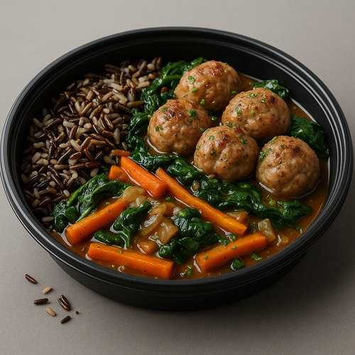 Boulettes de porc, haricots blancs & épinards — sauce liégeoise légère & riz sauvage