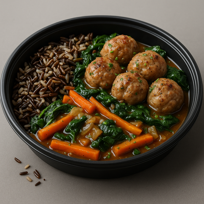 Boulettes de porc, haricots blancs & épinards — sauce liégeoise légère & riz sauvage