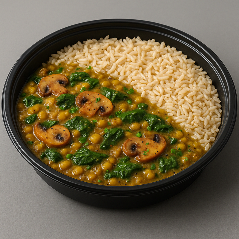 Ragoût de pois cassés, épinards & champignons, riz basmati
