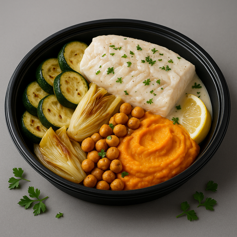 Poisson blanc vapeur, purée de patate douce, courgette rôtie & chicons (sauce crème légère à l’ail)