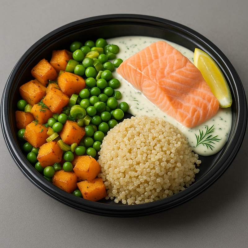 Saumon vapeur, butternut rôtie, quinoa &amp; crème aneth light