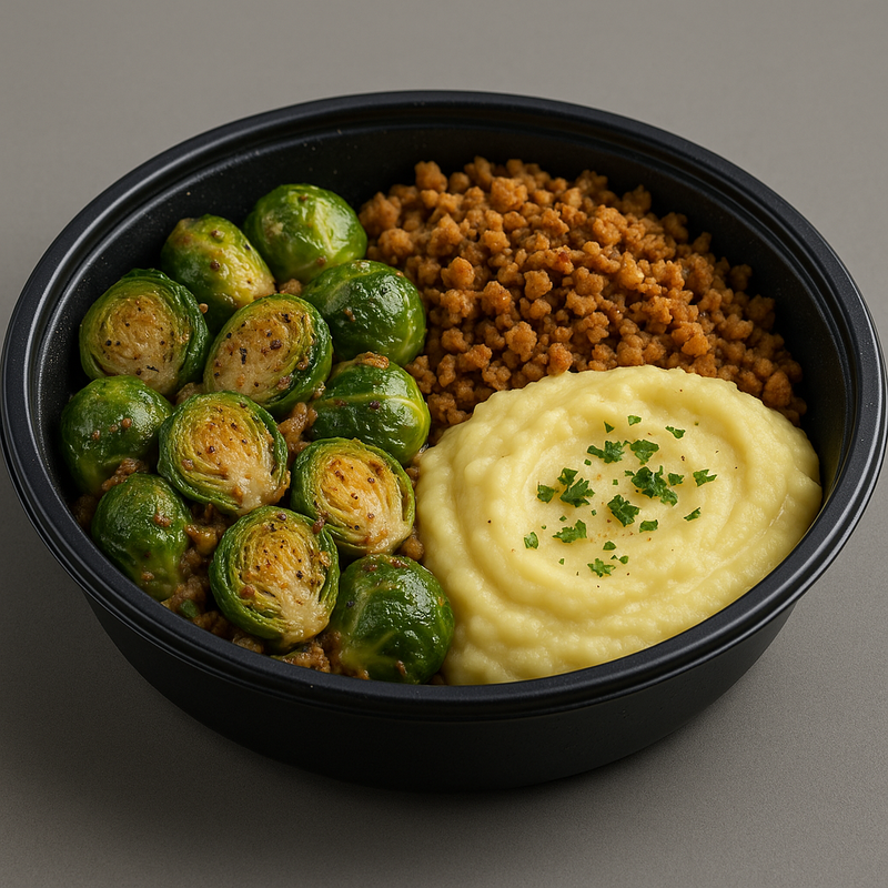 Quorn sauté aux herbes, choux de Bruxelles moutarde & purée pdt
