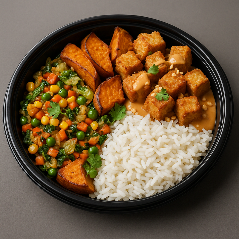 Tofu croustillant façon satay, riz camarguais blanc & patate douce