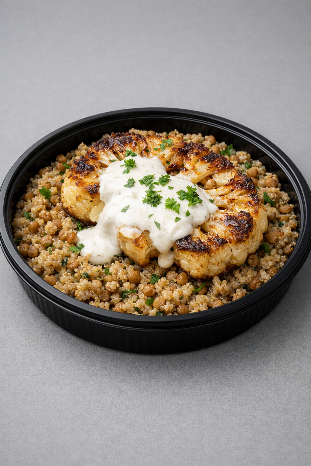 Steak de chou-fleur, lentilles & quinoa, sauce skyr coco (Fit)