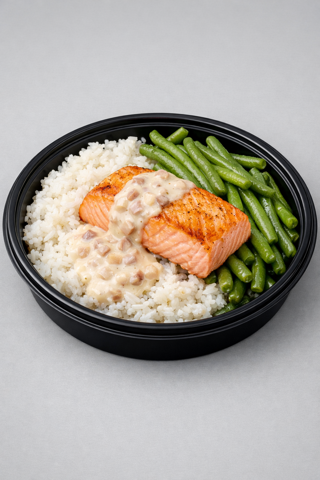 Saumon, riz & haricots verts, sauce crème échalotes (Fit)