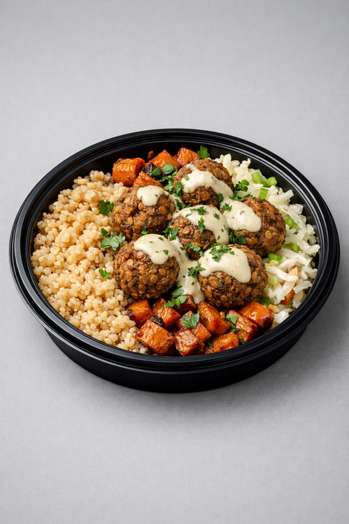 Boulettes de lentilles, blé & crème tahini citron (Fit)