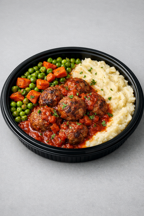 Boulettes sauce tomate, purée, petits pois & carottes rôties