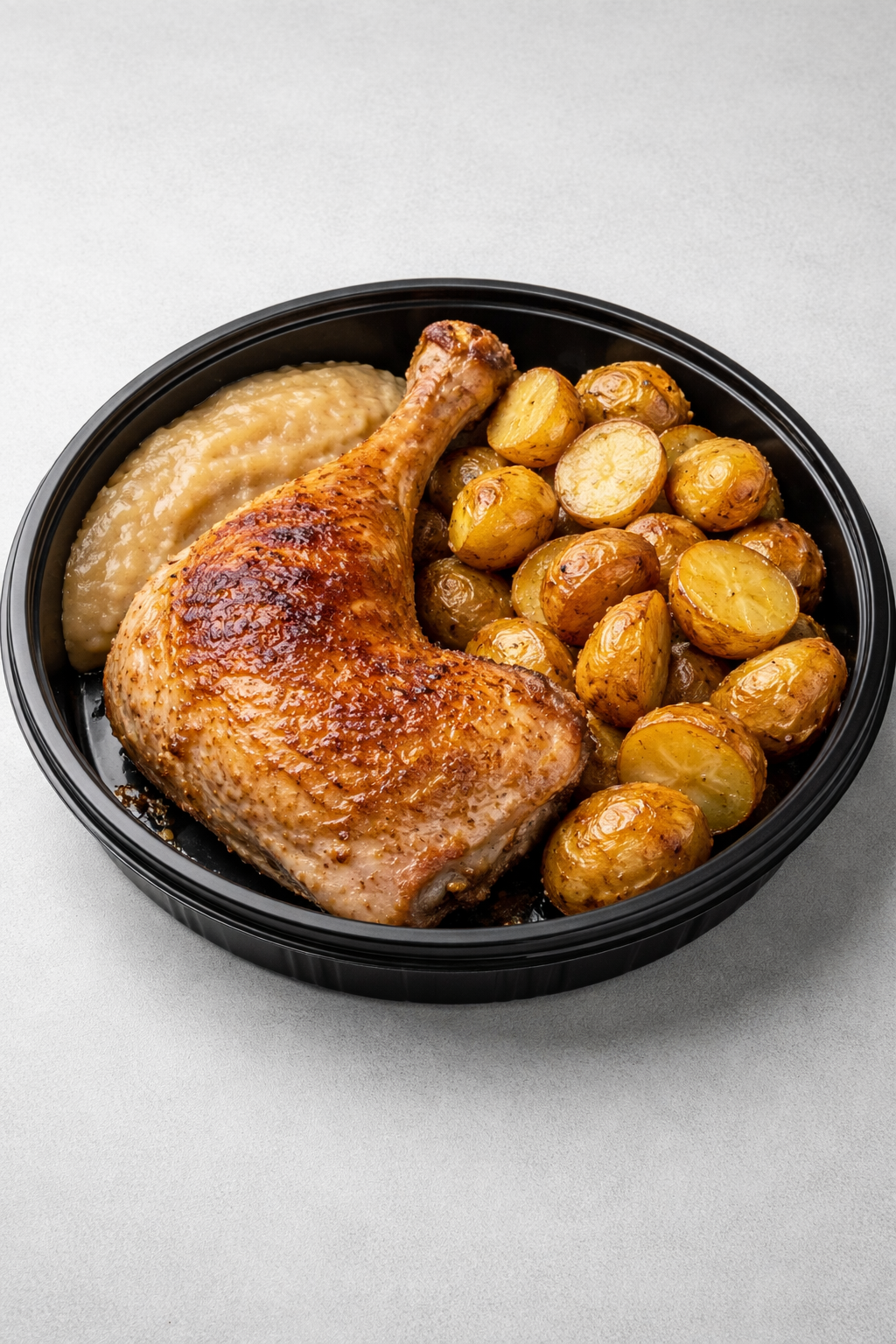 Poulet du marché, compotes de pomme et pomme de terre grenaille rissolées au paprika