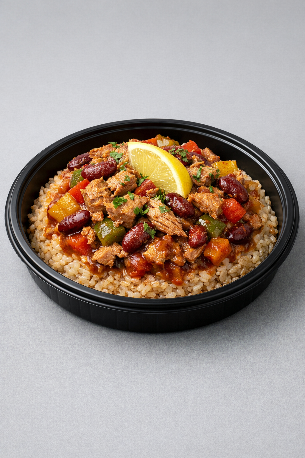 Thon sauté, poivrons & haricots rouges, riz brun (Fit)