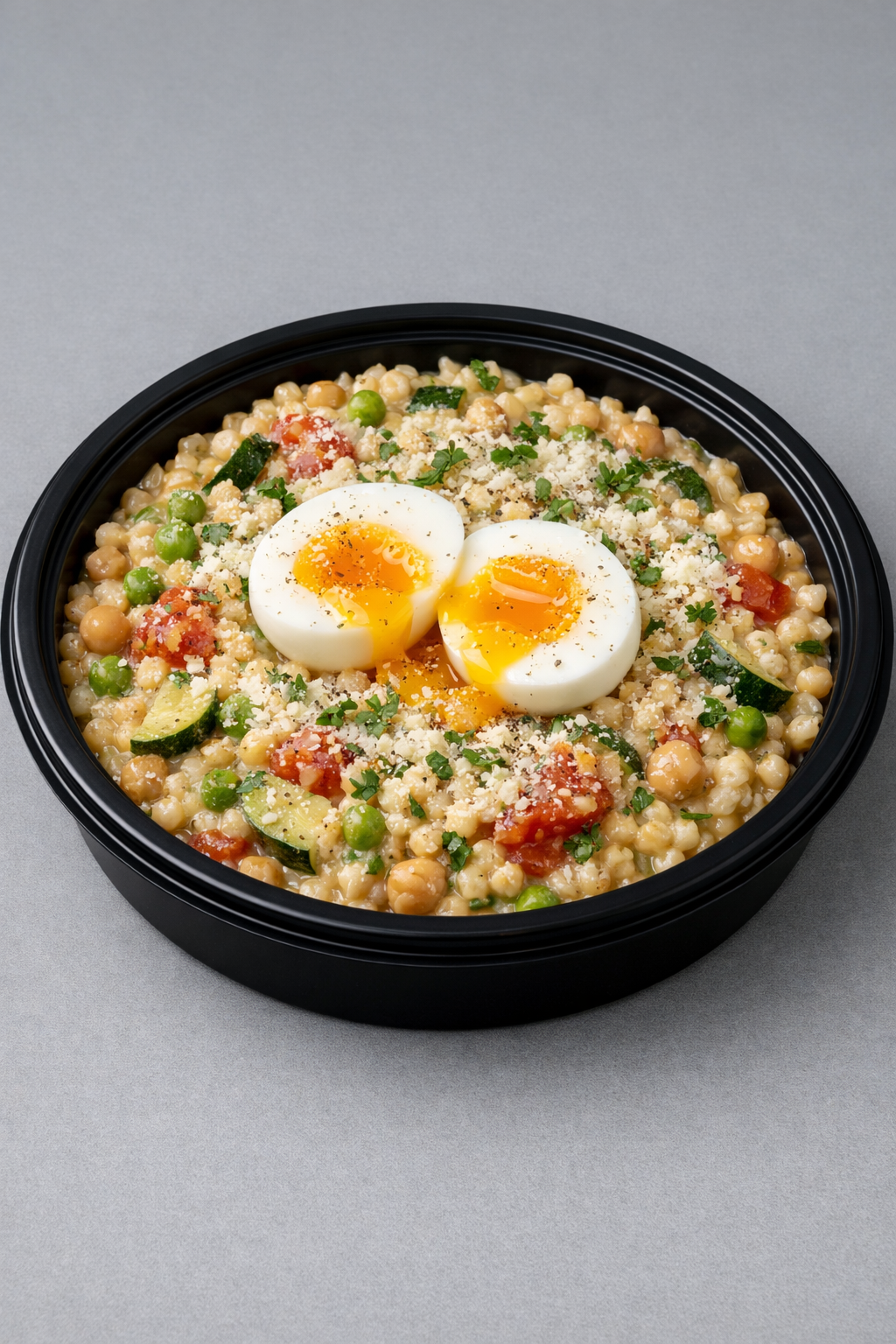 Fregola façon risotto, pois-chiches & œuf mollet (Fit)