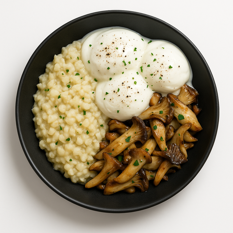 Œufs pochés Fit — risotto de céleri-rave & pleurotes