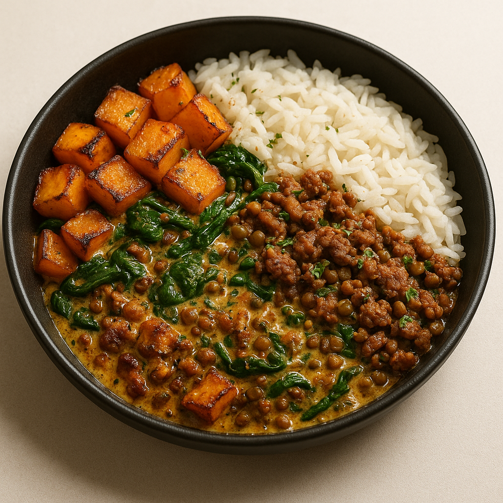 Sauté vegan Fit — butternut, haché végétal, lentilles & riz basmati