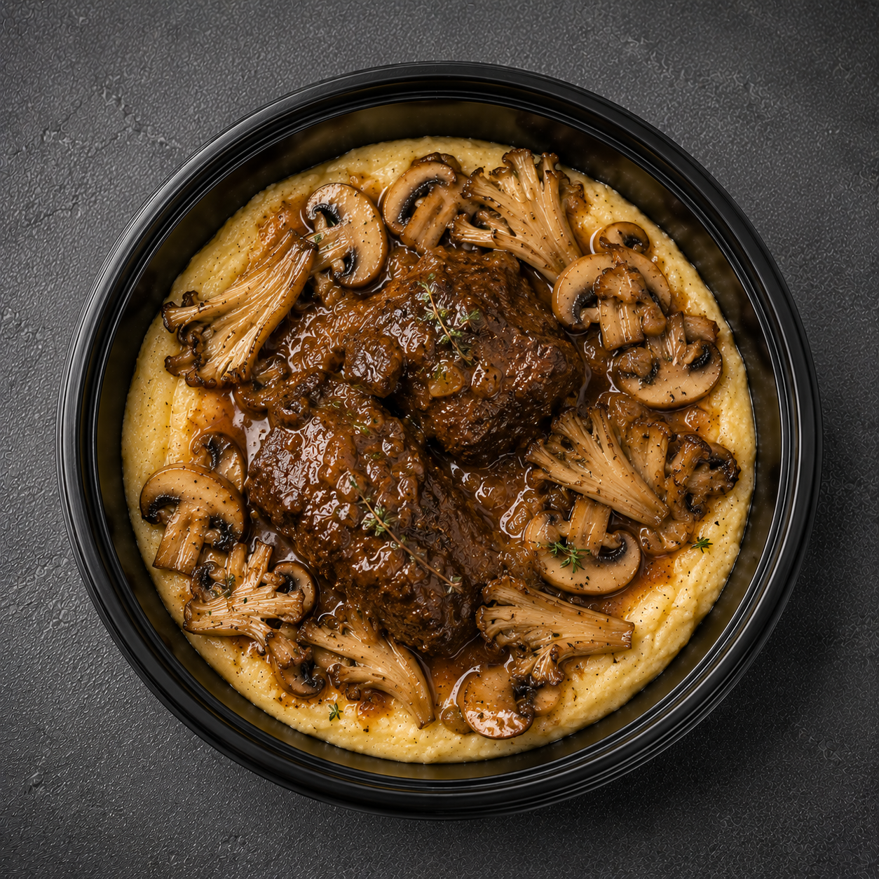 Joue de porc confite, polenta crémeuse au parmesan & champignons sautés