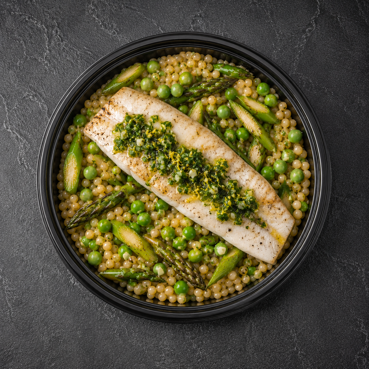 Loup rôti à la gremolata, frégola sarde & légumes printaniers
