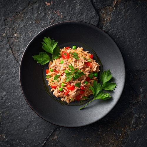 Arroz de atum à la portugaise, riz mijoté au thon, tomate, poivron & petits pois
