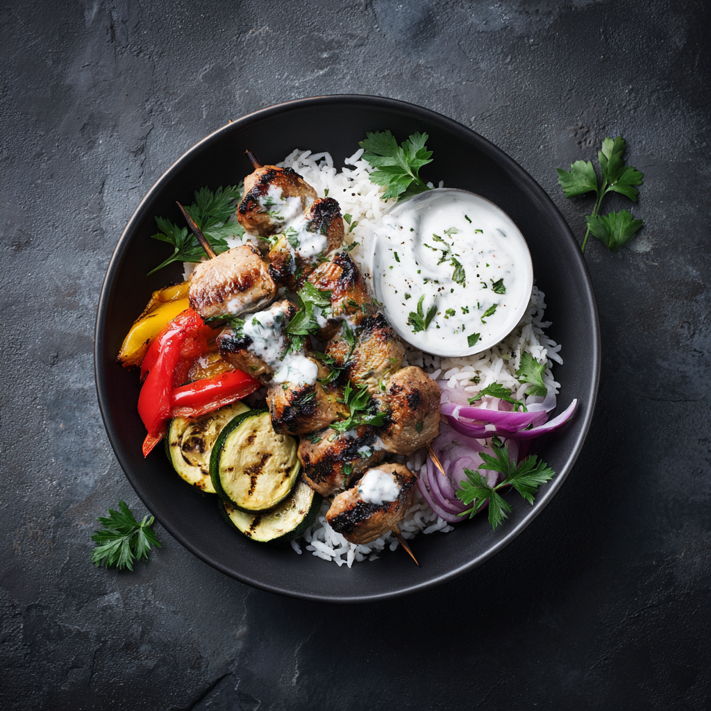 Brochettes de porc grillé, légumes d'été plancha, riz & sauce yaourt