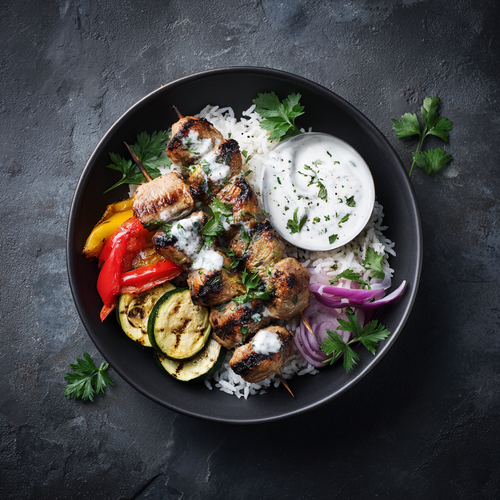 Brochettes de porc grillé, légumes d'été plancha, riz & sauce yaourt