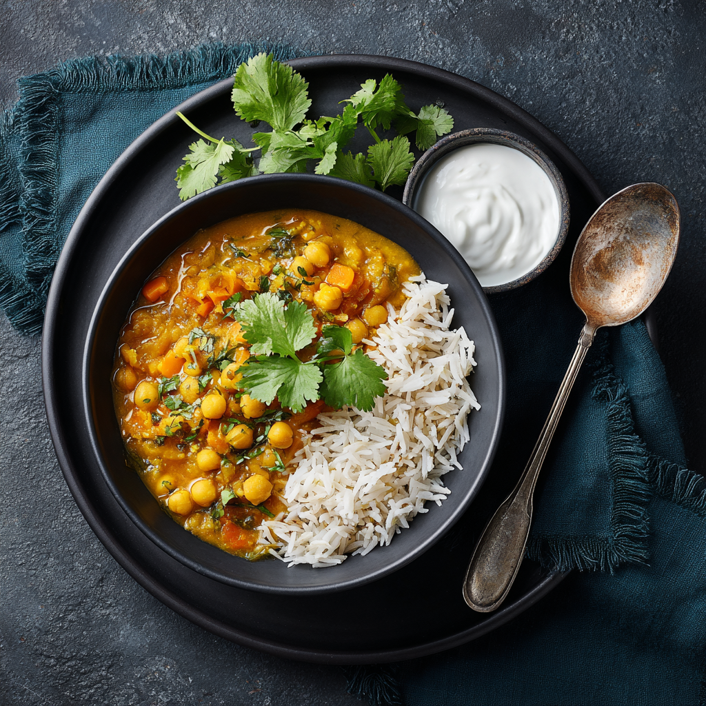 Curry de pois cassés & légumes, sauce tomate épicée, riz basmati & coriandre
