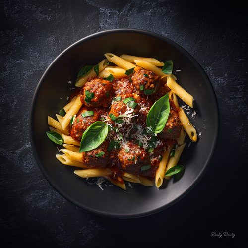 Boulettes de bœuf à l'italienne, sauce tomate-basilic, penne protéinées & parmesan