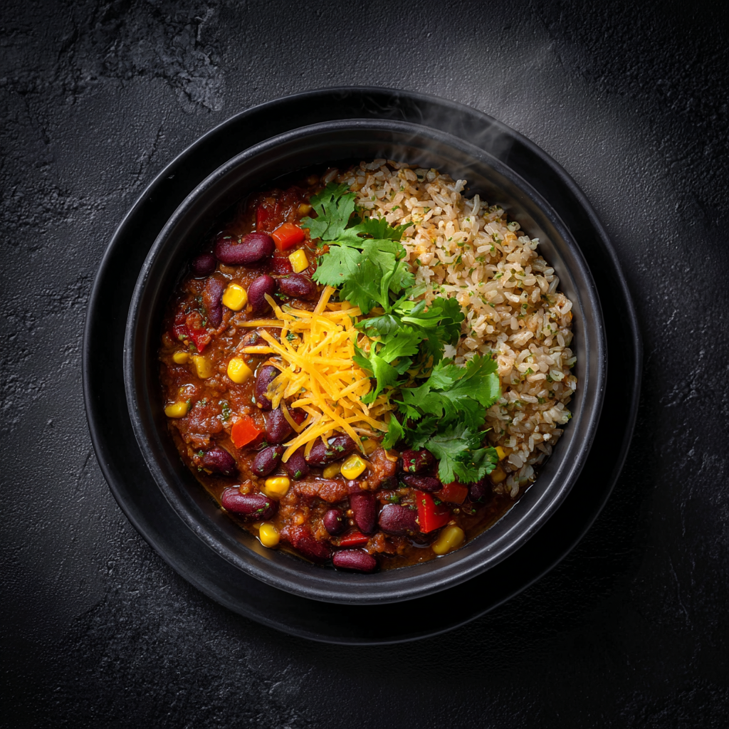 Chili sin carne haricots rouges & maïs, riz complet, cheddar fondu & coriandre