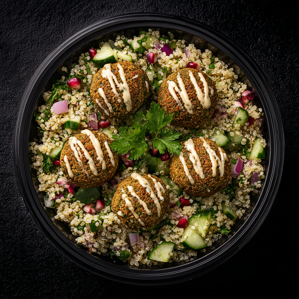 Falafels dorés au four, taboulé de quinoa menthe-grenade & sauce tahini