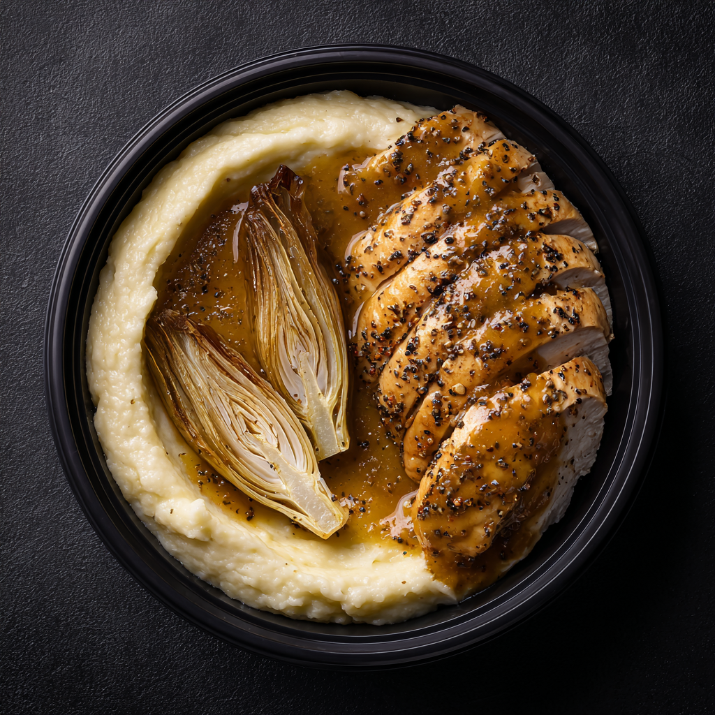 Filet de poulet à l’origan, purée de céleri-rave & chicons braisés