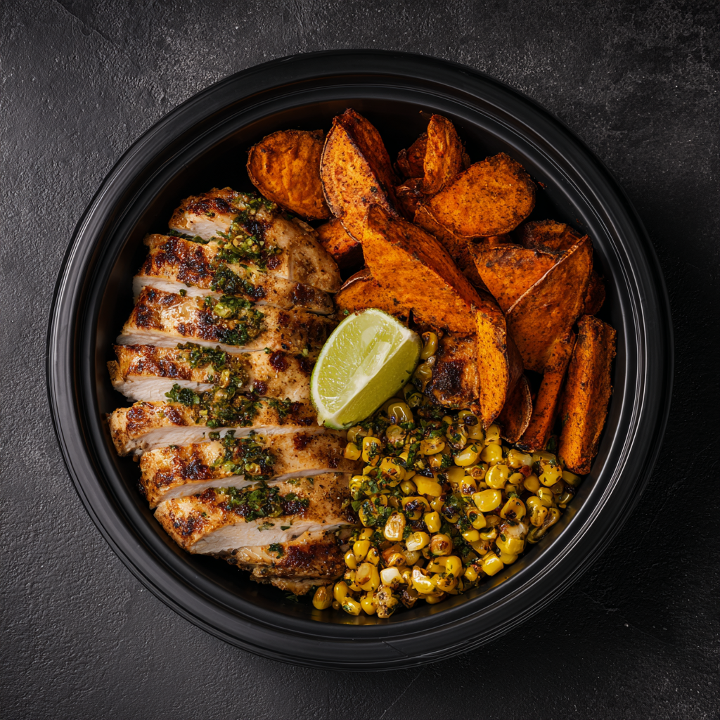 Émincé de porc grillé, chimichurri, patate douce rôtie au paprika & maïs grillé
