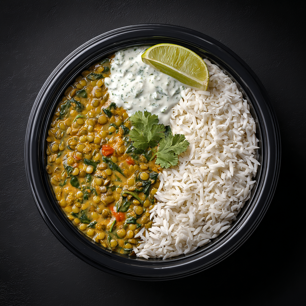 Dahl de lentilles vertes au lait de coco, riz basmati & épinards, raïta de yaourt