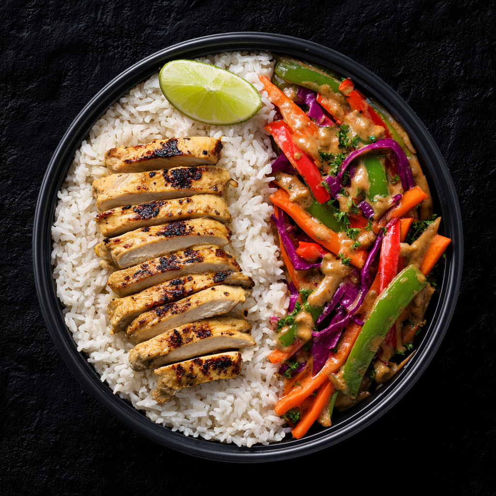 Poulet satay grillé, riz jasmin & wok de légumes croquants, sauce cacahuète légère