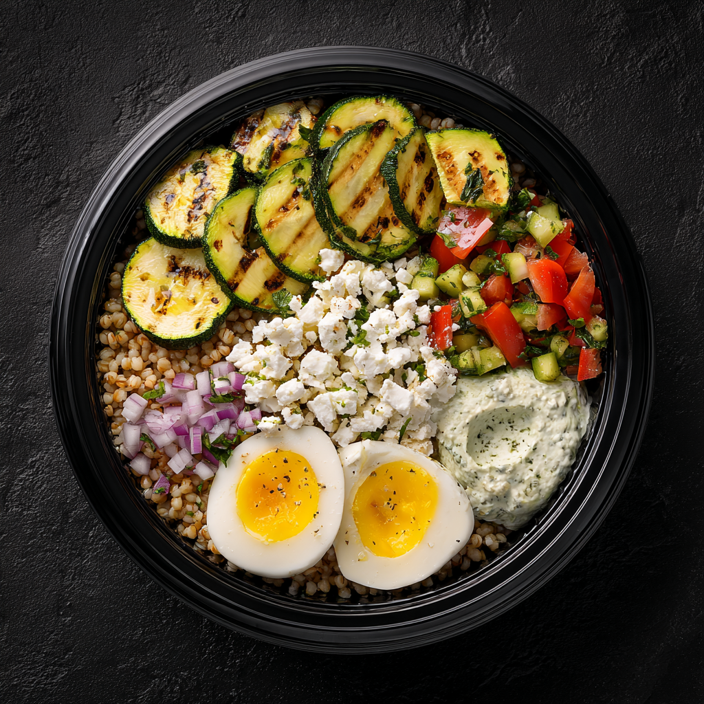 Bowl mezze : taboulé d'épeautre & œufs mollets, courgettes grillées, brebis & tzatziki