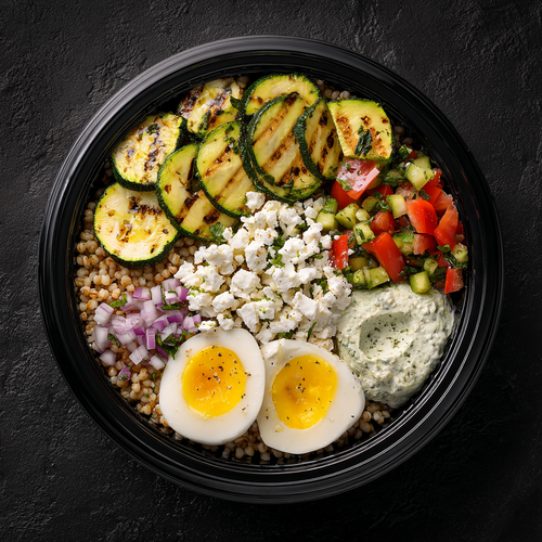 Bowl mezze : taboulé d'épeautre & œufs mollets, courgettes grillées, brebis & tzatziki