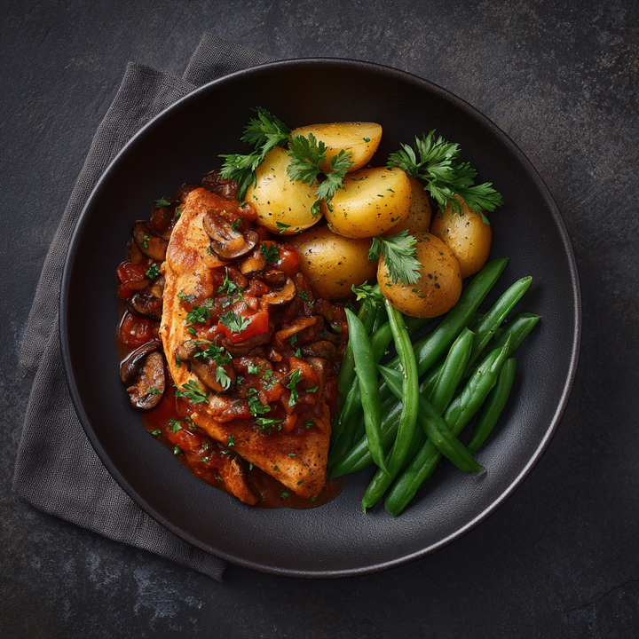Poulet chasseur, champignons & tomate, pommes de terre vapeur & haricots verts