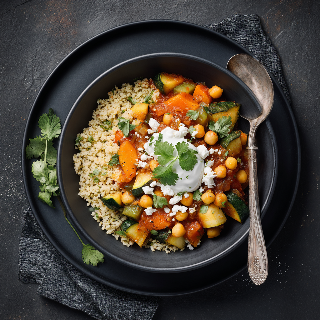 Tagine de pois chiches & légumes, boulgour aux herbes, yaourt-menthe & brebis