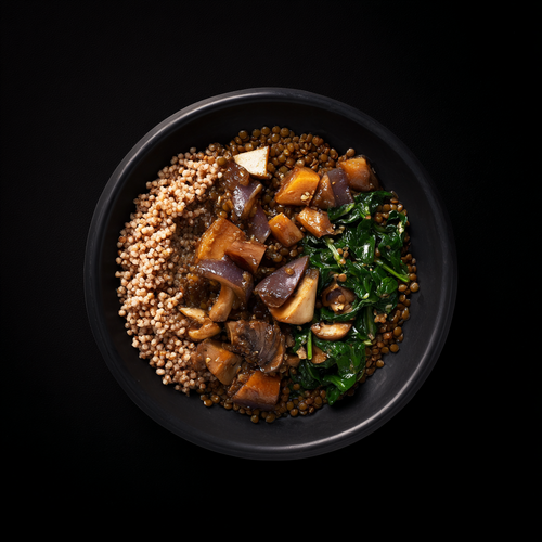Aubergine rôtie miso-balsamique, kasha & lentilles