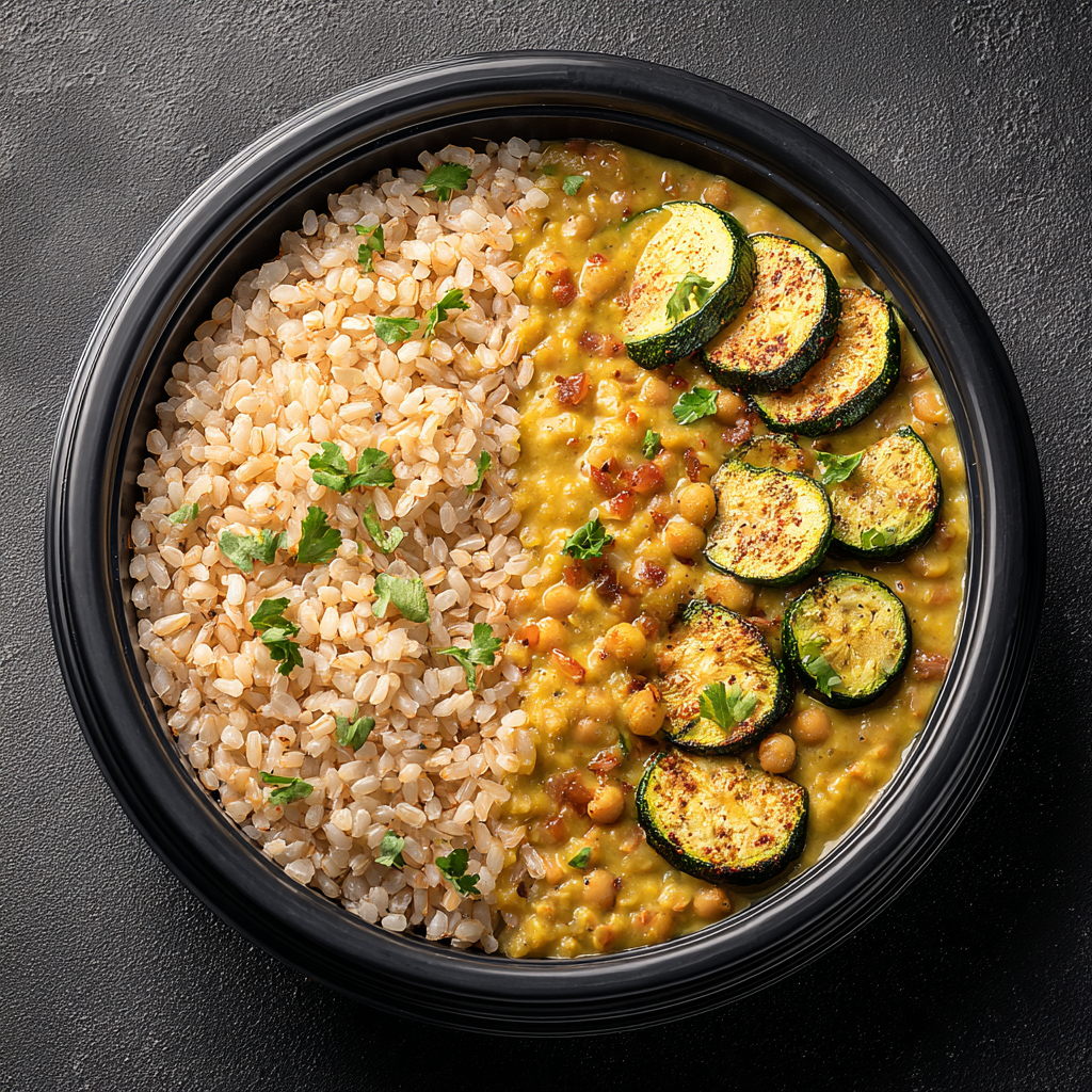 Curry pois cassés coco light, riz complet & courgettes (Fit)