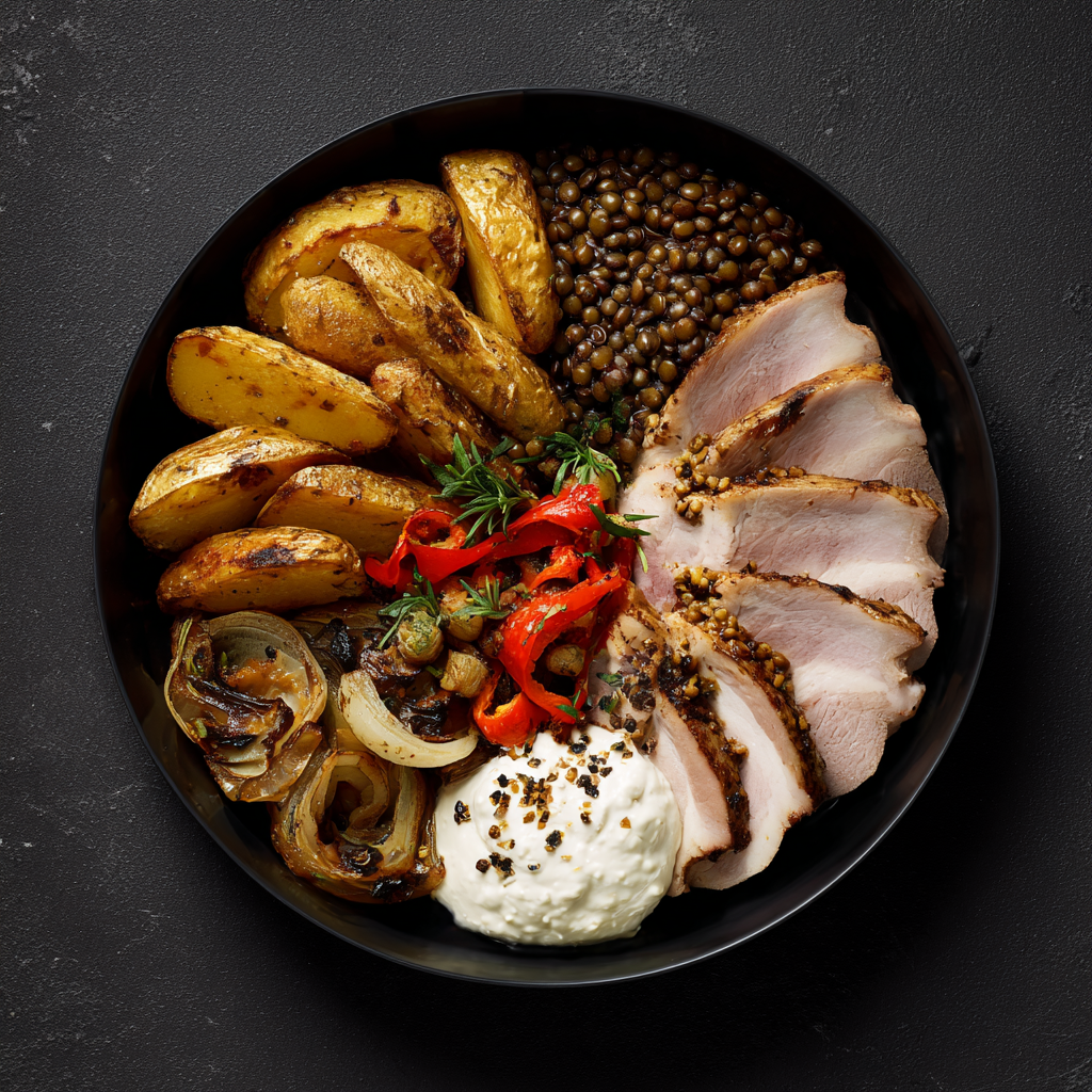 Bowl fumé du terroir Fit ( Rôti de porc, poivrons, oignons, fromage de chèvre )