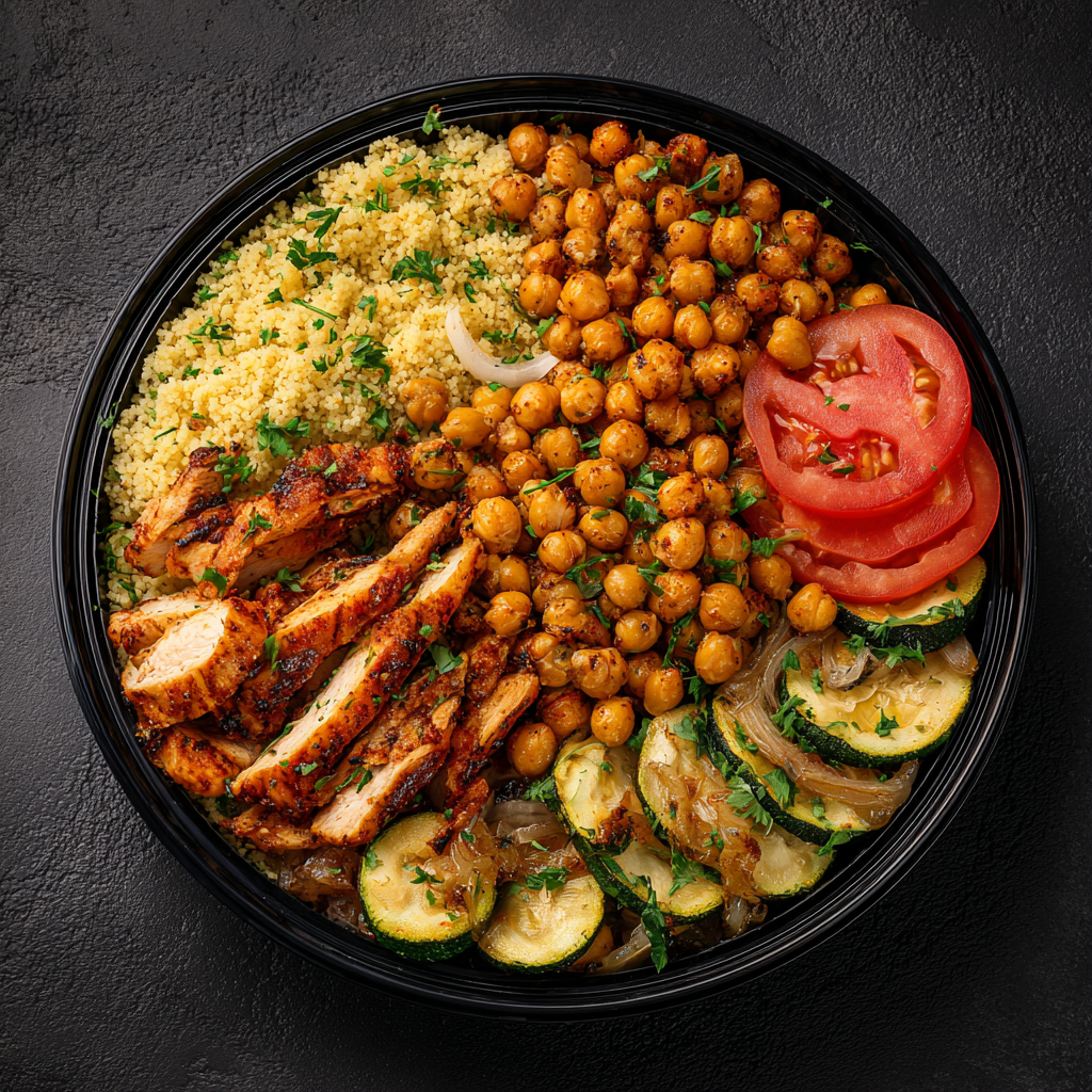 Poulet harissa-citron, boulgour & pois chiches rôtis