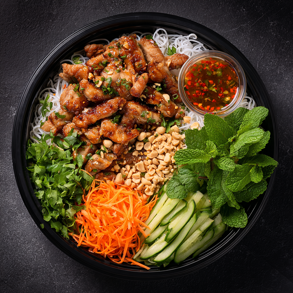 Dinde façon bo bun, vermicelles & crudités