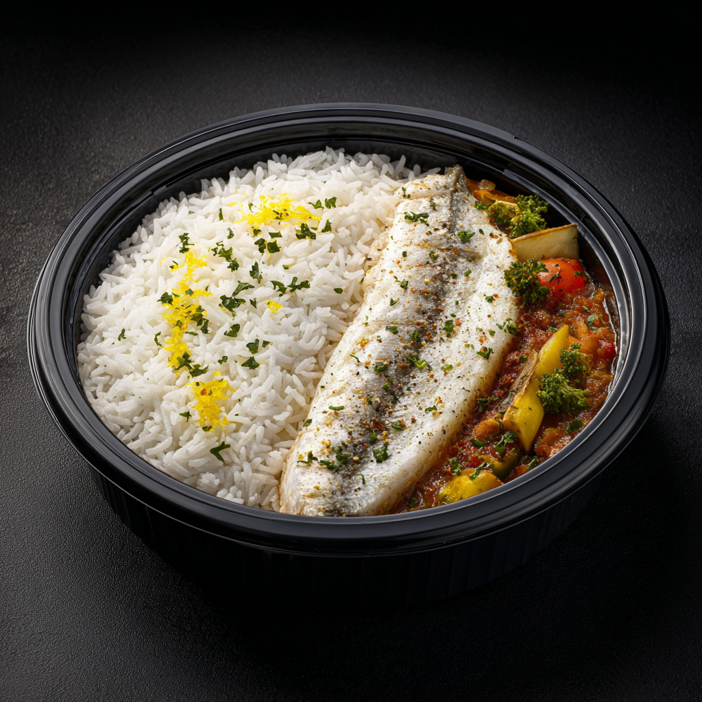Poisson blanc méditerranéen, riz citron & légumes (Fit)